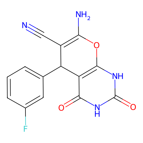 7-amino-5-(3-fluorophenyl)-2,4-dioxo-2,3,4,5-tetrahydro-1H-pyrano[2,3-d]pyrimidine-6-carbonitrile structure