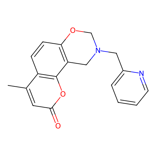 4-methyl-9-(pyridin-2-ylmethyl)-8,10-dihydropyrano[2,3-f][1,3]benzoxazin-2-one structure