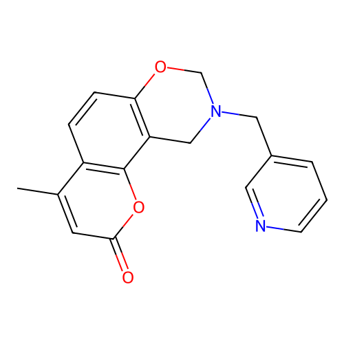 4-methyl-9-(pyridin-3-ylmethyl)-8,10-dihydropyrano[2,3-f][1,3]benzoxazin-2-one structure