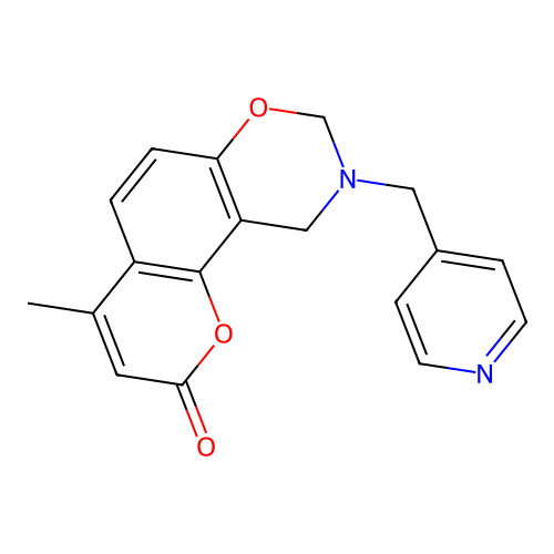 4-methyl-9-(pyridin-4-ylmethyl)-8,10-dihydropyrano[2,3-f][1,3]benzoxazin-2-one structure