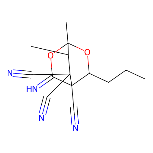 3-imino-1,7-dimethyl-5-propyl-2,6-dioxabicyclo[2.2.2]octane-4,8,8-tricarbonitrile structure