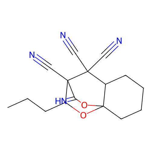 2-imino-10-propyltetrahydro-8a,3-(epoxymethano)chromene-3,4,4(2H,4aH)-tricarbonitrile structure