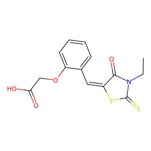 {2-[(3-Ethyl-4-oxo-2-thioxo-1,3-thiazolidin-5-ylidene)methyl]phenoxy}acetic acid structure