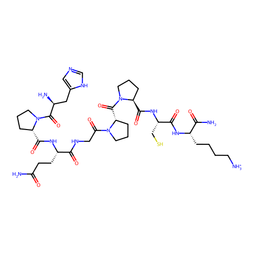 [(5S)-6-amino-5-[[(2R)-2-[[(2S)-1-[(2S)-1-[2-[[(2S)-5-amino-2-[[(2S)-1-[(2S)-2-amino-3-(1H-imidazol-5-yl)propanoyl]pyrrolidine-2-carbonyl]amino]-5-oxopentanoyl]amino]acetyl]pyrrolidine-2-carbonyl]pyrrolidine-2-carbonyl]amino]-3-sulfanylpropanoyl]amino]-6-oxohexyl]azanium structure