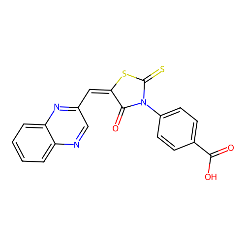 4-[(5E)-4-oxo-5-(quinoxalin-2-ylmethylidene)-2-thioxo-1,3-thiazolidin-3-yl]benzoic acid structure