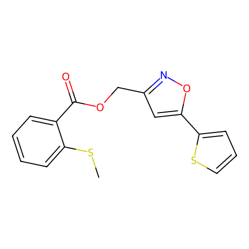 (5-(Thiophen-2-yl)isoxazol-3-yl)methyl 2-(methylthio)benzoate structure