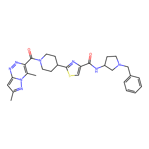 2-[1-[(4,7-Dimethylpyrazolo[5,1-c][1,2,4]triazin-3-yl)carbonyl]-4-piperidinyl]-N-[1-(phenylmethyl)-3-pyrrolidinyl]-4-thiazolecarboxamide structure