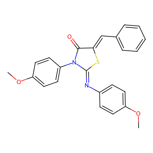 (2Z,5Z)-5-benzylidene-3-(4-methoxyphenyl)-2-((4-methoxyphenyl)imino)thiazolidin-4-one structure