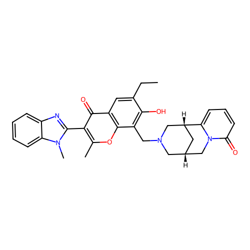 (1R,5S)-3-((6-ethyl-7-hydroxy-2-methyl-3-(1-methyl-1H-benzo[d]imidazol-2-yl)-4-oxo-4H-chromen-8-yl)methyl)-3,4,5,6-tetrahydro-1H-1,5-methanopyrido[1,2-a][1,5]diazocin-8(2H)-one structure