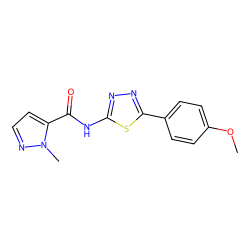 N-[5-(4-methoxyphenyl)-1,3,4-thiadiazol-2-yl]-2-methylpyrazole-3-carboxamide structure