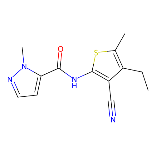 N-(3-cyano-4-ethyl-5-methylthiophen-2-yl)-2-methylpyrazole-3-carboxamide structure