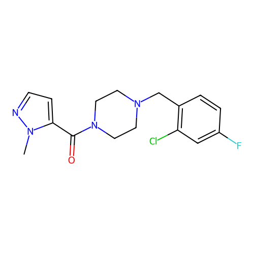[4-[(2-chloro-4-fluorophenyl)methyl]piperazin-1-yl]-(2-methylpyrazol-3-yl)methanone structure