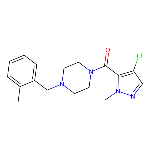 (4-chloro-2-methylpyrazol-3-yl)-[4-[(2-methylphenyl)methyl]piperazin-1-yl]methanone structure