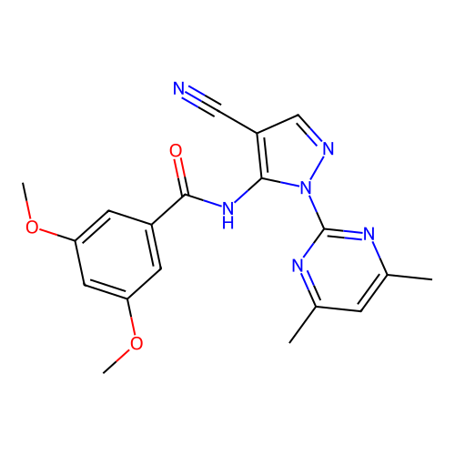 N-(4-cyano-1-(4,6-dimethylpyrimidin-2-yl)-1H-pyrazol-5-yl)-3,5-dimethoxybenzamide structure
