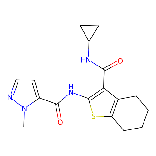 N-[3-(cyclopropylcarbamoyl)-4,5,6,7-tetrahydro-1-benzothiophen-2-yl]-1-methyl-1H-pyrazole-5-carboxamide structure
