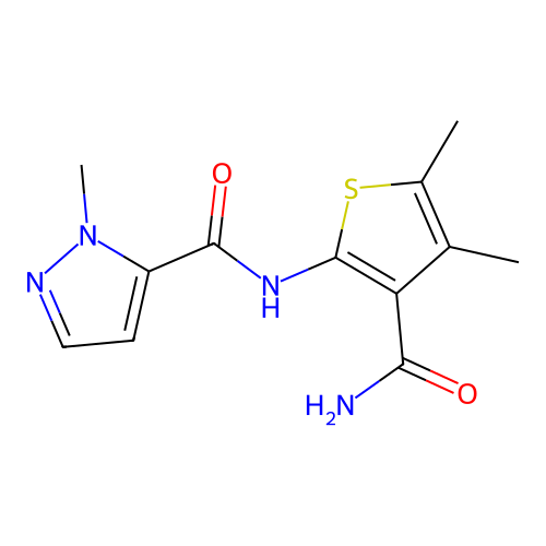 N-(3-carbamoyl-4,5-dimethylthiophen-2-yl)-2-methylpyrazole-3-carboxamide structure