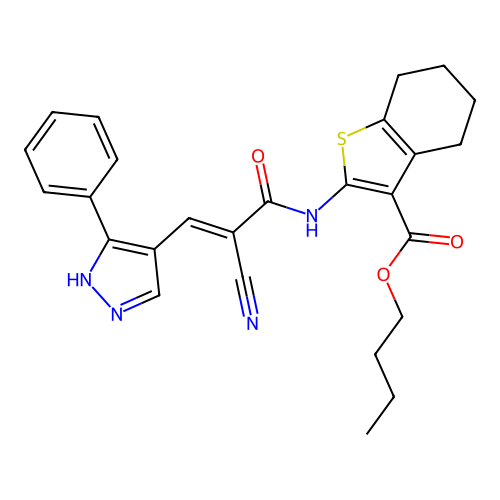 (E)-butyl 2-(2-cyano-3-(3-phenyl-1H-pyrazol-4-yl)acrylamido)-4,5,6,7-tetrahydrobenzo[b]thiophene-3-carboxylate structure