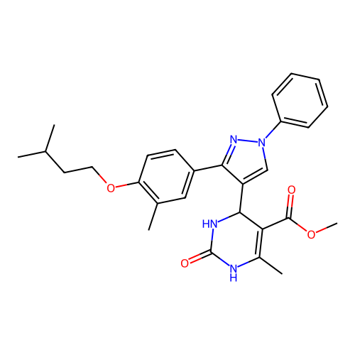 methyl 6-methyl-4-{3-[3-methyl-4-(3-methylbutoxy)phenyl]-1-phenyl-1H-pyrazol-4-yl}-2-oxo-1,2,3,4-tetrahydropyrimidine-5-carboxylate structure