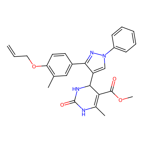 methyl 6-methyl-4-{3-[3-methyl-4-(prop-2-en-1-yloxy)phenyl]-1-phenyl-1H-pyrazol-4-yl}-2-oxo-1,2,3,4-tetrahydropyrimidine-5-carboxylate structure