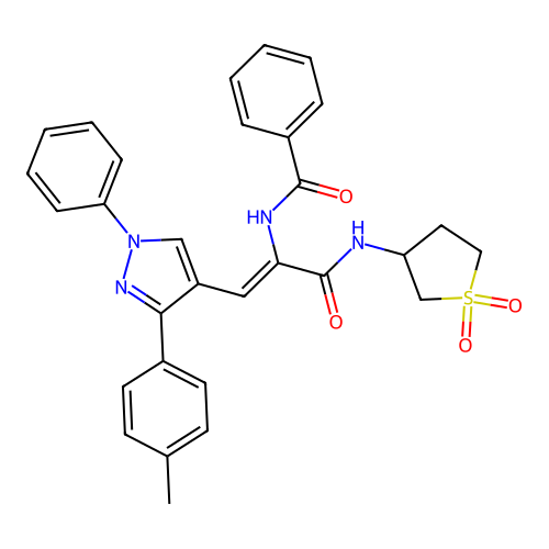 N-{(1Z)-3-[(1,1-dioxidotetrahydrothiophen-3-yl)amino]-1-[3-(4-methylphenyl)-1-phenyl-1H-pyrazol-4-yl]-3-oxoprop-1-en-2-yl}benzamide structure
