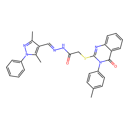 (4-Oxo-3-p-tolyl-3,4-dihydro-quinazolin-2-ylsulfanyl)-acetic acid [1-(3,5-dimethyl-1-phenyl-1H-pyrazol-4-yl)-meth-(E)-ylidene]-hydrazide structure