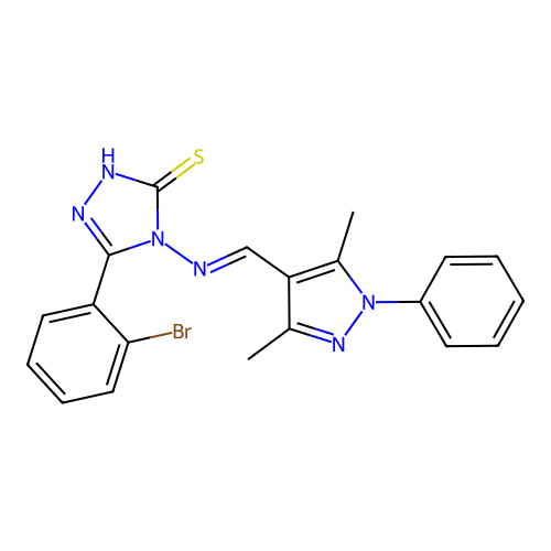 3-(2-bromophenyl)-4-[(E)-(3,5-dimethyl-1-phenylpyrazol-4-yl)methylideneamino]-1H-1,2,4-triazole-5-thione structure