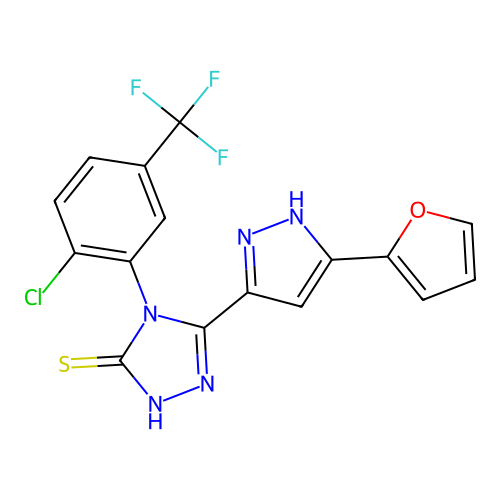 4-(2-chloro-5-(trifluoromethyl)phenyl)-5-(3-(furan-2-yl)-1H-pyrazol-5-yl)-4H-1,2,4-triazole-3-thiol structure
