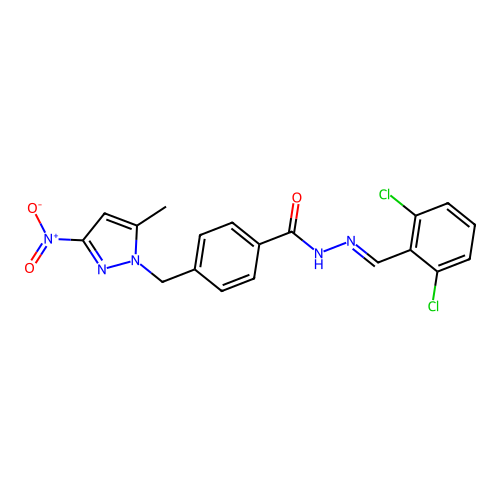 (E)-N'-(2,6-dichlorobenzylidene)-4-((5-methyl-3-nitro-1H-pyrazol-1-yl)methyl)benzohydrazide structure
