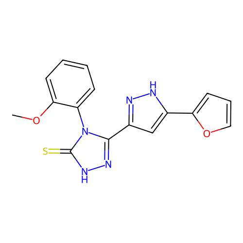 3-[5-(2-furanyl)-1H-pyrazol-3-yl]-4-(2-methoxyphenyl)-1H-1,2,4-triazole-5-thione structure