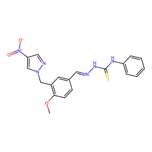 1-[(E)-[4-methoxy-3-[(4-nitropyrazol-1-yl)methyl]phenyl]methylideneamino]-3-phenylthiourea structure