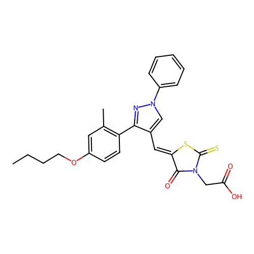 ((5Z)-5-{[3-(4-butoxy-2-methylphenyl)-1-phenyl-1H-pyrazol-4-yl]methylene}-4-oxo-2-thioxo-1,3-thiazolidin-3-yl)acetic acid structure