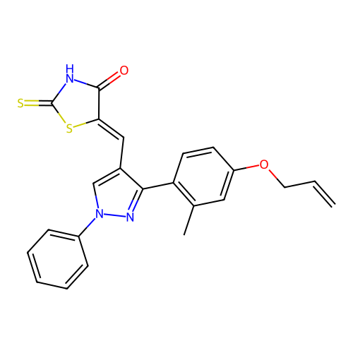 (5Z)-5-({3-[2-methyl-4-(prop-2-en-1-yloxy)phenyl]-1-phenyl-1H-pyrazol-4-yl}methylidene)-2-thioxo-1,3-thiazolidin-4-one structure