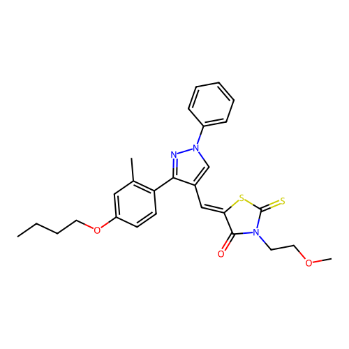 (5Z)-5-{[3-(4-butoxy-2-methylphenyl)-1-phenyl-1H-pyrazol-4-yl]methylidene}-3-(2-methoxyethyl)-2-thioxo-1,3-thiazolidin-4-one structure