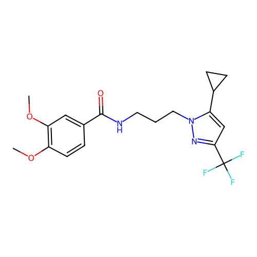 N-[3-[5-cyclopropyl-3-(trifluoromethyl)pyrazol-1-yl]propyl]-3,4-dimethoxybenzamide structure