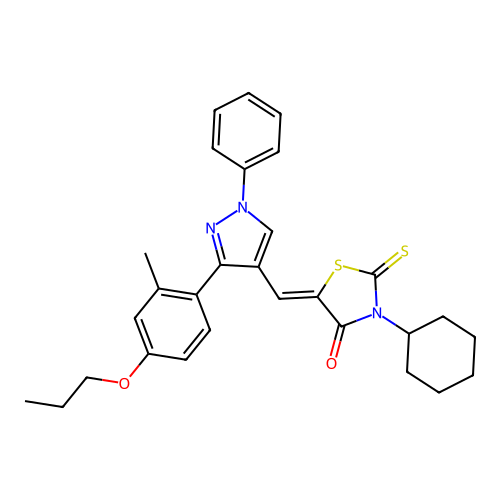 (5Z)-3-cyclohexyl-5-{[3-(2-methyl-4-propoxyphenyl)-1-phenyl-1H-pyrazol-4-yl]methylene}-2-thioxo-1,3-thiazolidin-4-one structure