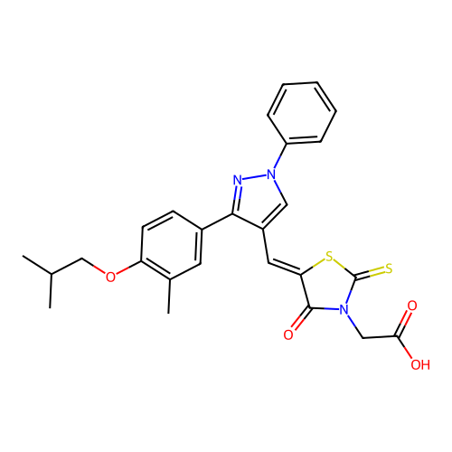 ((5Z)-5-{[3-(4-isobutoxy-3-methylphenyl)-1-phenyl-1H-pyrazol-4-yl]methylene}-4-oxo-2-thioxo-1,3-thiazolidin-3-yl)acetic acid structure