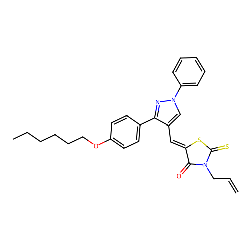 (5Z)-5-({3-[4-(hexyloxy)phenyl]-1-phenyl-1H-pyrazol-4-yl}methylidene)-3-(prop-2-en-1-yl)-2-thioxo-1,3-thiazolidin-4-one structure
