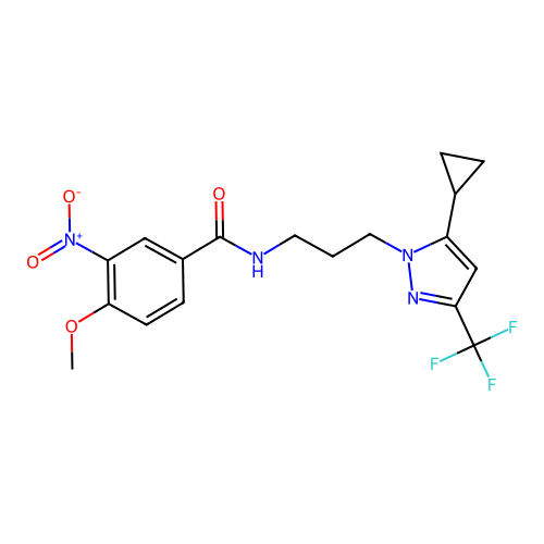 N-[3-[5-cyclopropyl-3-(trifluoromethyl)pyrazol-1-yl]propyl]-4-methoxy-3-nitrobenzamide structure