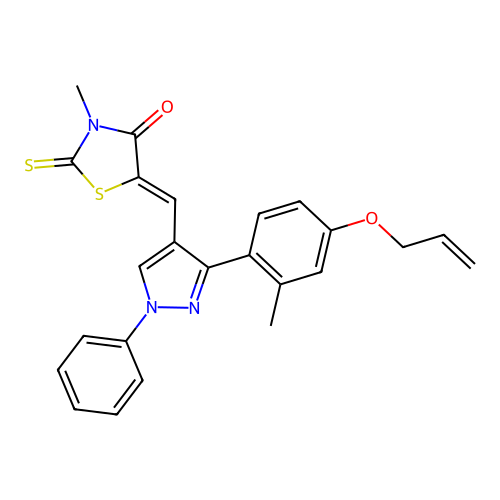 (5Z)-3-methyl-5-({3-[2-methyl-4-(prop-2-en-1-yloxy)phenyl]-1-phenyl-1H-pyrazol-4-yl}methylidene)-2-thioxo-1,3-thiazolidin-4-one structure