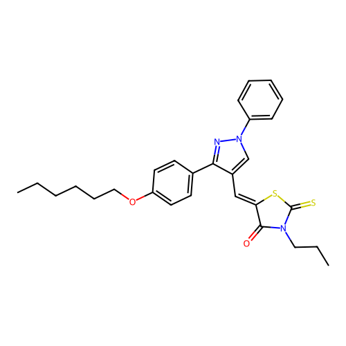 (5Z)-5-({3-[4-(hexyloxy)phenyl]-1-phenyl-1H-pyrazol-4-yl}methylidene)-3-propyl-2-thioxo-1,3-thiazolidin-4-one structure