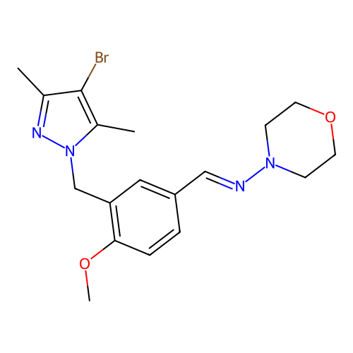 (E)-N-(3-((4-bromo-3,5-dimethyl-1H-pyrazol-1-yl)methyl)-4-methoxybenzylidene)morpholin-4-amine structure