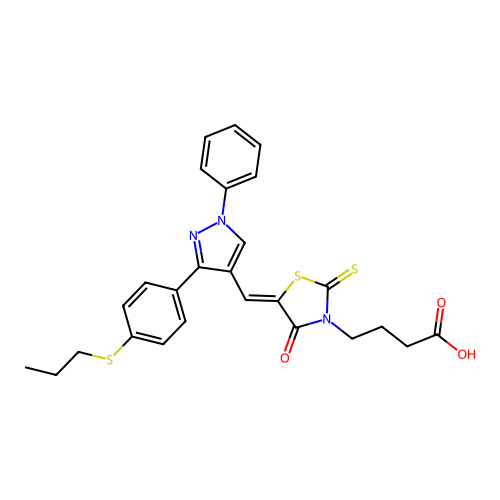 4-[(5Z)-4-oxo-5-({1-phenyl-3-[4-(propylsulfanyl)phenyl]-1H-pyrazol-4-yl}methylidene)-2-thioxo-1,3-thiazolidin-3-yl]butanoic acid structure