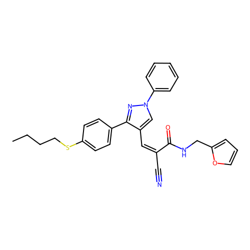 (Z)-3-(3-(4-(butylthio)phenyl)-1-phenyl-1H-pyrazol-4-yl)-2-cyano-N-(furan-2-ylmethyl)acrylamide structure