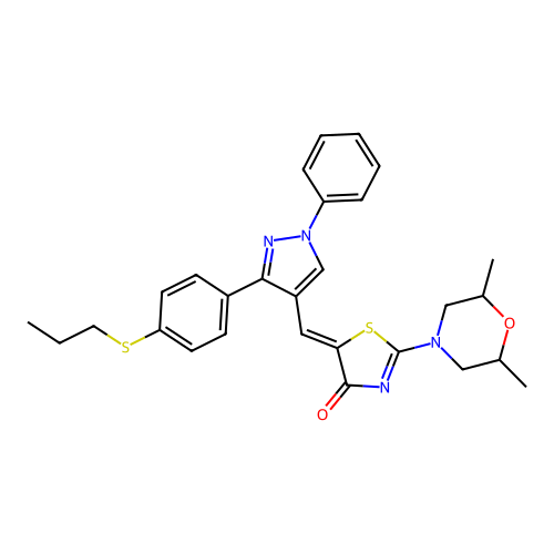 (5Z)-2-(2,6-dimethylmorpholin-4-yl)-5-({1-phenyl-3-[4-(propylsulfanyl)phenyl]-1H-pyrazol-4-yl}methylidene)-1,3-thiazol-4(5H)-one structure