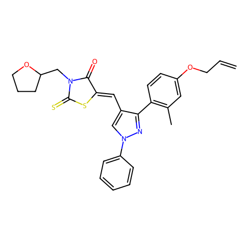 (5Z)-5-({3-[2-methyl-4-(prop-2-en-1-yloxy)phenyl]-1-phenyl-1H-pyrazol-4-yl}methylidene)-3-(tetrahydrofuran-2-ylmethyl)-2-thioxo-1,3-thiazolidin-4-one structure