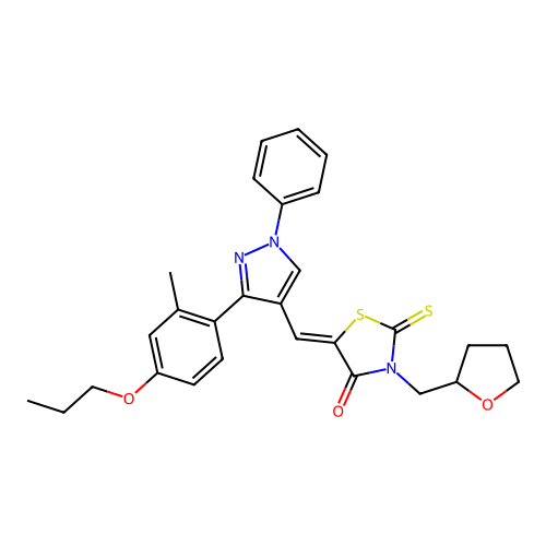 (5Z)-5-{[3-(2-METHYL-4-PROPOXYPHENYL)-1-PHENYL-1H-PYRAZOL-4-YL]METHYLENE}-3-(TETRAHYDRO-2-FURANYLMETHYL)-2-THIOXO-1,3-THIAZOLIDIN-4-ONE structure