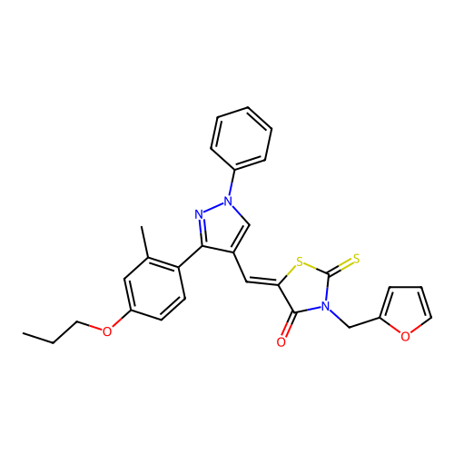 (5Z)-3-(2-furylmethyl)-5-{[3-(2-methyl-4-propoxyphenyl)-1-phenyl-1H-pyrazol-4-yl]methylene}-2-thioxo-1,3-thiazolidin-4-one structure
