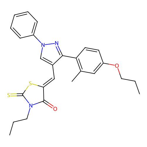 (5Z)-5-{[3-(2-methyl-4-propoxyphenyl)-1-phenyl-1H-pyrazol-4-yl]methylidene}-3-propyl-2-thioxo-1,3-thiazolidin-4-one structure
