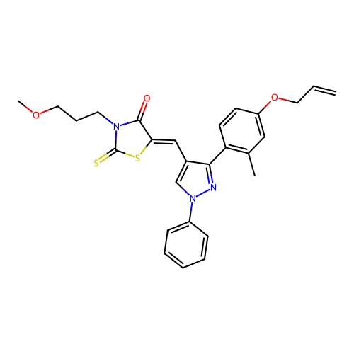 (5Z)-3-(3-methoxypropyl)-5-({3-[2-methyl-4-(prop-2-en-1-yloxy)phenyl]-1-phenyl-1H-pyrazol-4-yl}methylidene)-2-thioxo-1,3-thiazolidin-4-one structure