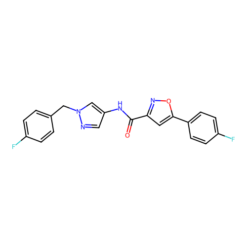 N-(1-(4-fluorobenzyl)-1H-pyrazol-4-yl)-5-(4-fluorophenyl)isoxazole-3-carboxamide structure